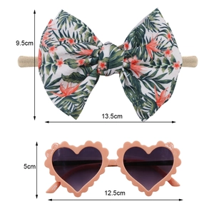Kids heart sunglasses and floral bow headband set with precise size measurements