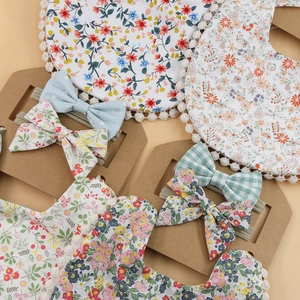 Bohemian Linen Cotton Baby Bib And Headband Set Floral Printed Saliva Towel With Pom Pom Trim For Infants Toddlers Accessories