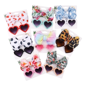 Kids Fashion PC Heart Shaped Sunglasses And Polyester Large Bowknot Headband Set Cartoon Tropical Print Beach Accessories