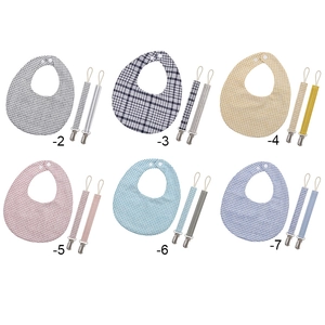 Set of 6 cotton gingham baby bibs with matching pacifier clips in various soft colors