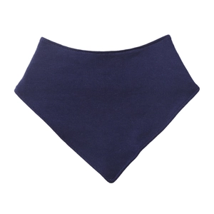 Detailed close-up of dark blue cotton baby bandana bib with fine edge stitching texture