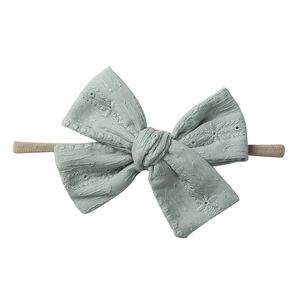 Mint green embroidered cotton bow headband with soft nylon elastic for infants
