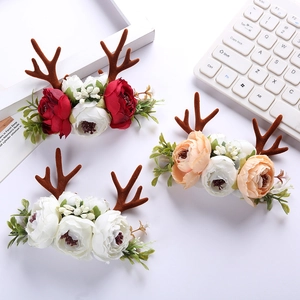 Christmas Reindeer Antler Flower Headband For Baby Girls Elastic Nylon Hair Band Kids Xmas Photography Props Headwear