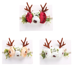 Three-piece Christmas reindeer antler headbands with silk flowers on nylon bands