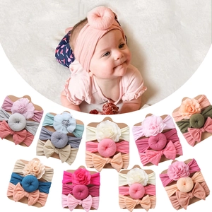 Detailed set of 3 baby headbands with 3D flowers and soft elastic bows in various colors