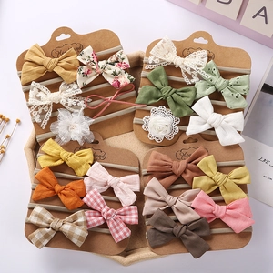 Nylon baby headband set with assorted lace and floral cotton bows for girls 4-pack
