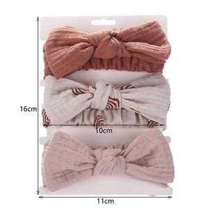 Three-piece baby bow headband set in soft cotton waffle fabric with size dimensions