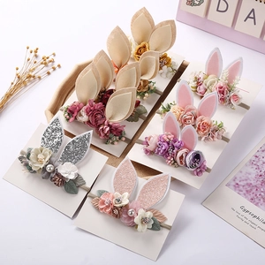 Set of 6 floral bunny ear headbands for babies with elastic nylon and sequin details