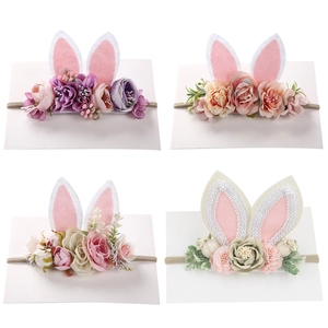 Elastic baby headbands with plush bunny ears and colorful artificial flowers set of four