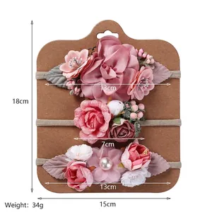 Dreiteiliges Set Blumen-Haarbänder mit rosa Chiffonblumen und Perlen für Mädchen