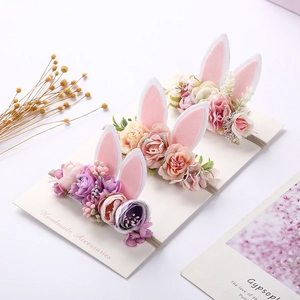 Easter Bunny Ears Baby Headband With Artificial Flowers Handmade Elastic Floral Hair Band For Toddler Kids Photography Accessory