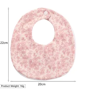 Double-sided cotton baby bib with pink floral pattern and snap button, 22x20cm size