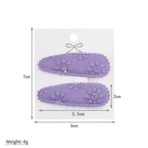 Purple embroidered floral water-drop hair clips set with detailed size measurements