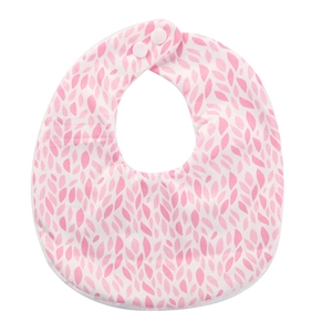Close-up of baby cotton bib with pink leaf floral pattern and double snap button closure