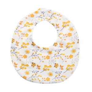 Close-up of double-sided cotton baby bib with floral pattern and white snap button