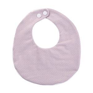 Detail of lavender baby cotton bib with white polka dots and adjustable snap buttons