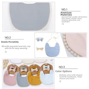 Detail view of soft bamboo cotton baby bib and bow headband set in four pastel colors