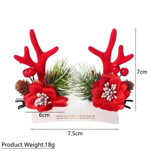 Weihnachts Rentier Geweih Haarklammern mit roten Blumen und Kiefernzapfen für festlichen Look