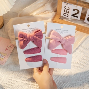 Faux cashmere baby headband and teardrop clip 3-piece set in pink colors