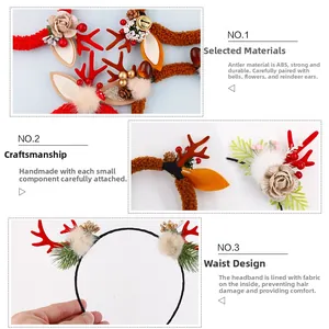 Detail of Christmas reindeer antler headband featuring ABS material and handmade floral decor