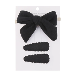 Three-piece black hair accessories set with bow headband and water drop clips on card