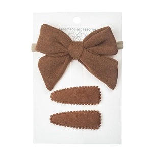 Three-piece dark brown faux cashmere bow headband and water drop hair clips set for kids