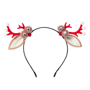 Detail of red felt reindeer antlers headband with bells and cute ear design on white background