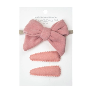 Three-piece baby hair accessory set with pink faux cashmere headband and teardrop clips