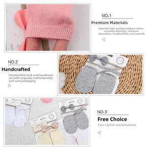 Detail of 4-pack baby socks and headbands set with large bows for ages 0-12 months