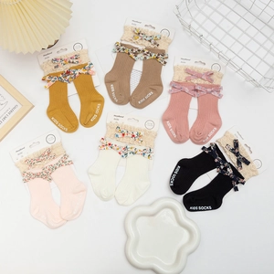 Baby Girls Headband And Socks Set Lace Bowknot Ribbed Knit Anti Slip Floor Socks For 0-12 Months Infant Gift