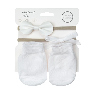 Baby gift set with two elastic bow headbands and white knit socks for 0-12 months infants