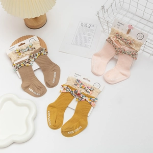 Lace baby headbands and anti-slip socks set with floral bows in brown, pink and yellow