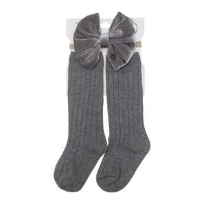 Grey combed cotton baby knee-high socks set with matching velvet bow headband detail