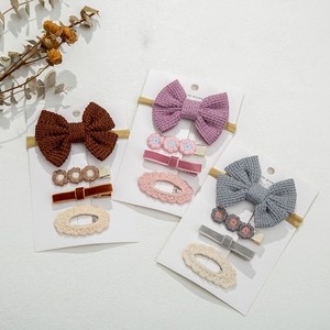 Knit bow headband and floral hair clip 4-piece set for toddlers in soft autumn colors