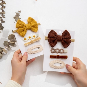 Child knit headband and clip set with yellow and brown bows and lace details