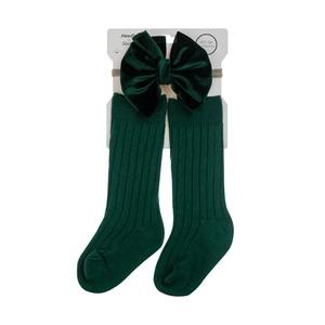 Deep green velvet bow headband and ribbed cotton long socks set for babies aged 12 months