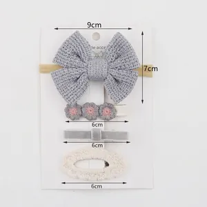 4-piece children's knit and velvet hair accessory set with bow headband and floral clips