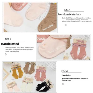 Detail of infant combed cotton socks and lace headbands in various soft colors