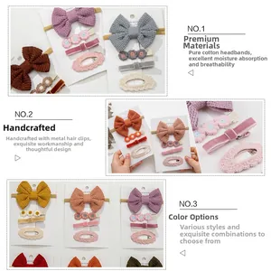 Detail of handmade knit flower hair clips and velvet bows for girls in soft Morandi colors