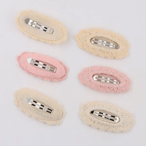 Set of 6 handmade crochet lace hair clips in pink and beige on metal BB snap clips
