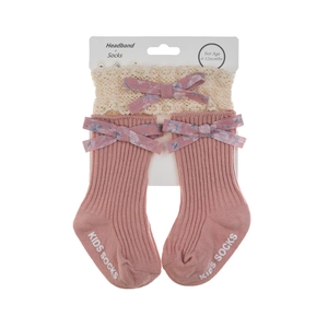 Pink ribbed socks and lace headband set with floral bows for infants aged 0-12 months