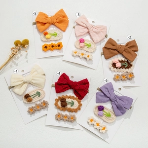 3Pcs Handmade Knitted Flower Hair Clip Set For Girls Cute Cloth Bow Cherry Hairpins Korean Style Kids Hair Accessories Gift