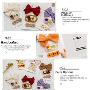 Detailed close-up of handmade knit floral hair clips and bow headband for kids