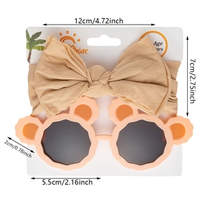Panda ear kids sunglasses and beige bow headband set with UV protection lenses