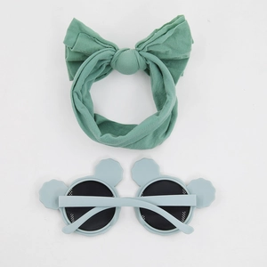 Mint green bow baby headband and blue cloud sunglasses set with UV protection lenses