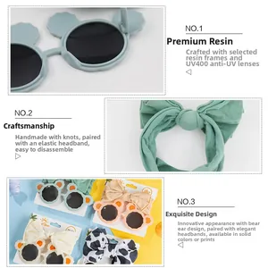 Detail of UV400 resin bear ear sunglasses and handmade elastic bow headbands