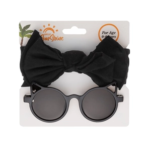 Detail of 0-4 years baby accessory set with black bow headband and cat-ear sunglasses