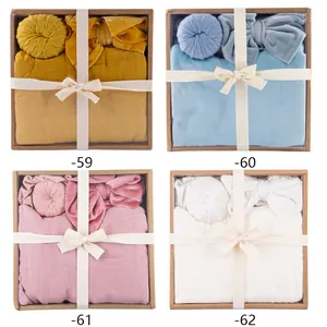 Newborn Baby Swaddle Blanket And Hat And Headband Cotton Muslin Wrap Fetal Cap Hairband For Infants Gift Box
