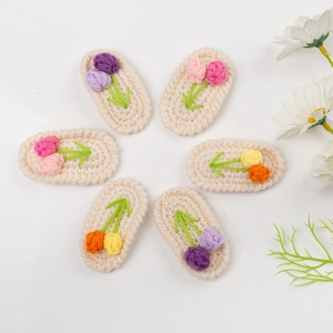 Handmade knitted tulip hair clips set in colorful wool crochet flower designs