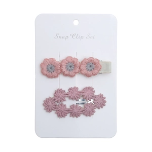 Detail of pink and grey embroidered floral snap clip set on a white display card
